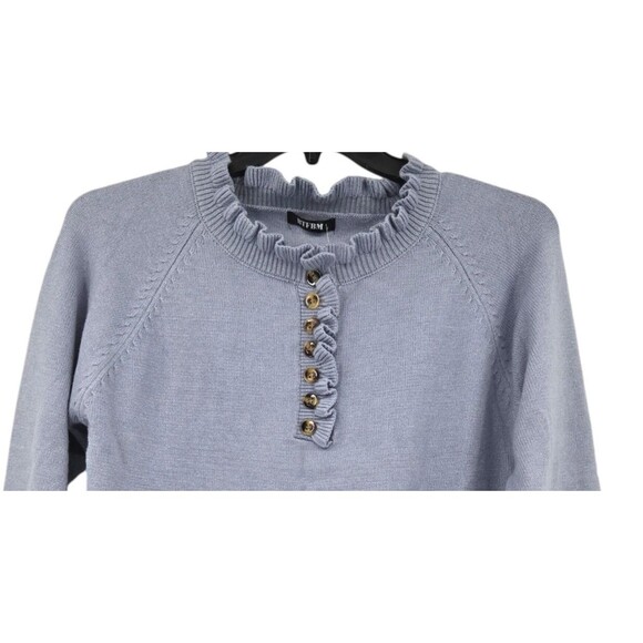 BTFBM Womens Sz M  Sweater Grayish Blue Ruffle Trim Buttons Knit Pullover - Picture 2 of 6